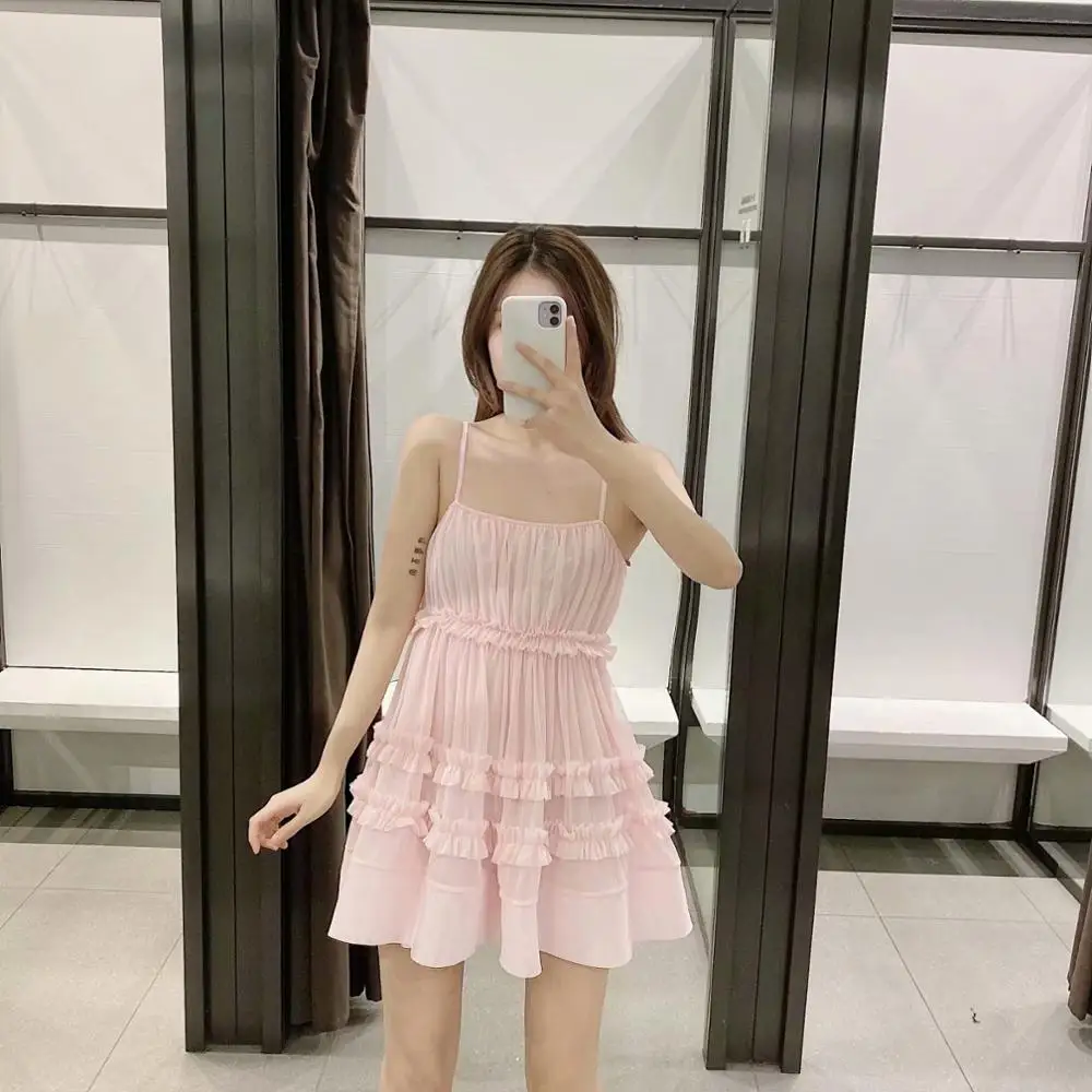 Новинка 2020 весеннее женское розовое однотонное платье выше колена на бретелях с