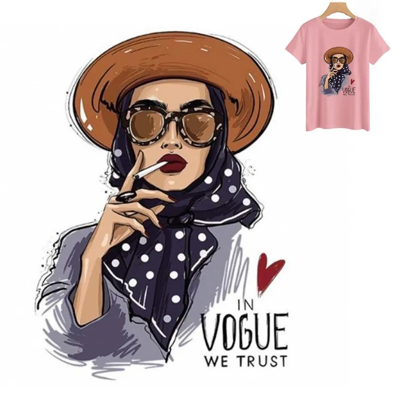 

18.1x25cm Smoking Lady Girl Iron On Patches For DIY Heat Transfer Clothes T-Shirt Thermal Stickers Decoration Printing