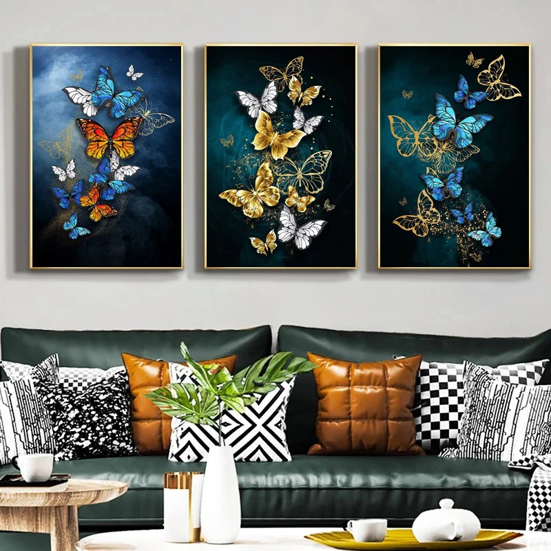 

Modern Minimalist Wall Art Poster Blue Gold Butterfly Picture on Canvas Painting Mural Decoration for Living Room Home Decor