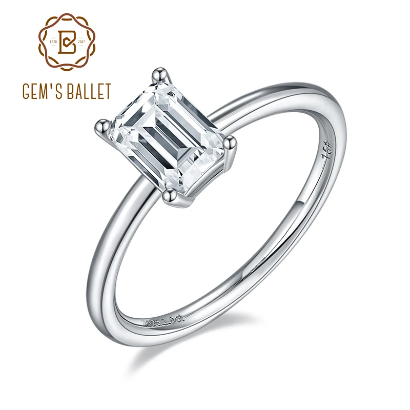 

GEM'S BALLET Rectangle Emerald Cut Moissanite Solitaire Engagement Ring Women 925 Sterling Silver Moissanite Rings 1.0Ct 5*7mm