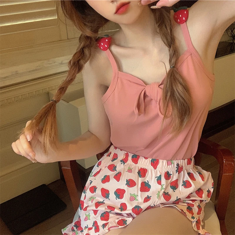 Pajamas for Women Korean Ins Style Strawberry Print Sleepwear Pyjamas Sexy Cute Homesuit Pijamas Summer Sleeveless Kawaii