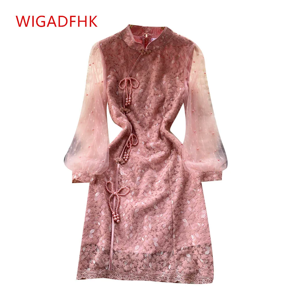 

Chinese Traditional Dress Cheongsam Women's Fashion Retro Stand Collar Stitching Beaded Mesh Sleeve Elegant Party Dress Vestidos