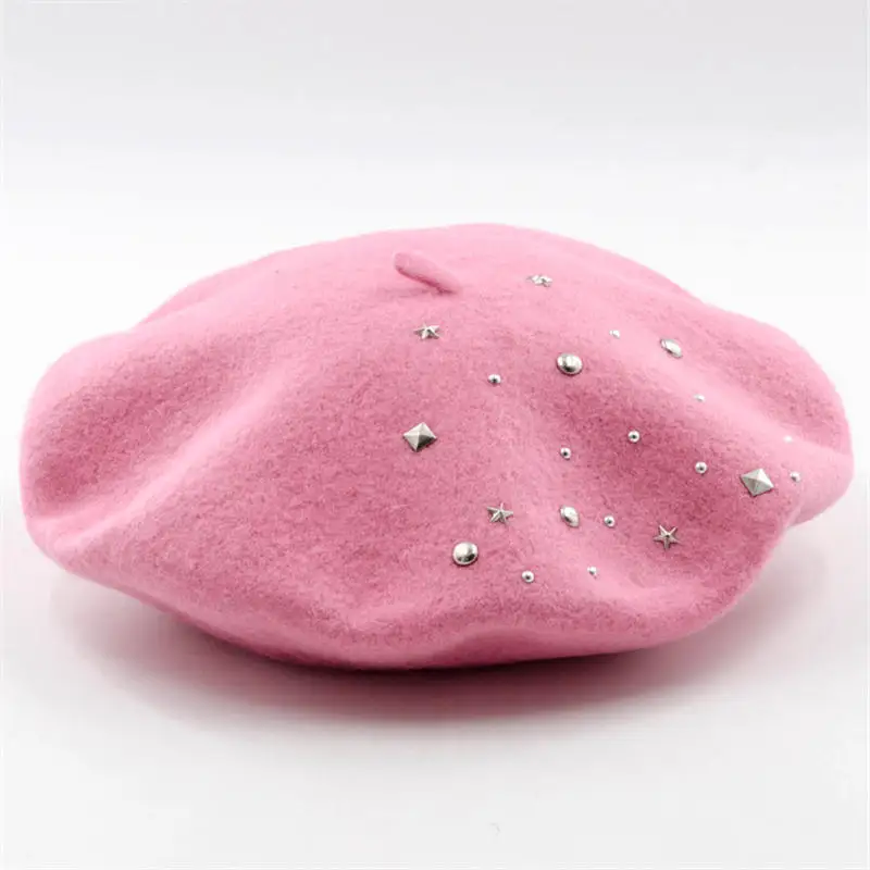 

Jiexijie Winter Hats High Quality Wool Mina Models Riveted Pink Wool Beret Ladies Painter Hat Rivet Round Cap Gorros for Women's