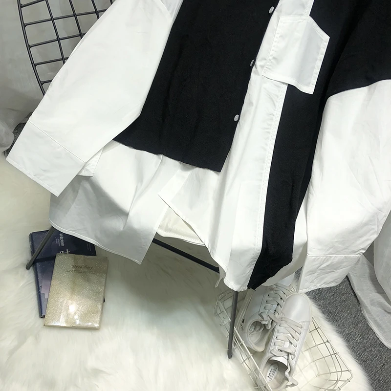 Женская белая блузка в полоску рубашка стиле пэчворк оверсайз с асимметричным