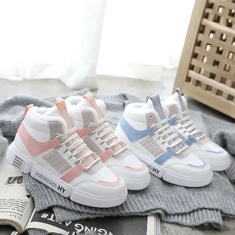 

Winter High Top Sneakers Women Leather Plush Woman Vulcanize Shoes Lightweight Sneakers Female Fashion Warm Walking Shoes Ladies