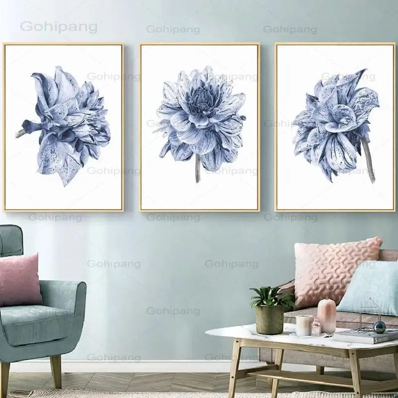 

Boho Dahlia Flower Canvas Art Posters and Prints Watercolor Painting Farmhouse Bedroom Wall Decor Navy Blue Wall Art Pictures
