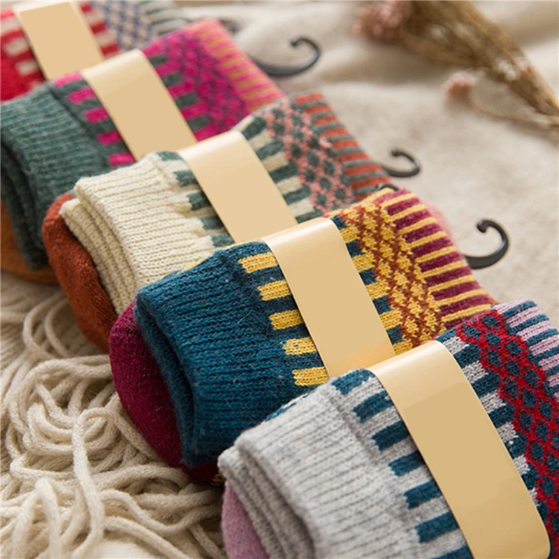 

Thicken Rabbit Wool Socks Warm Literary Cashmere Printed Patchwock Pattern Ethnic Style Socks Elasticity Ankle Colorful Socks