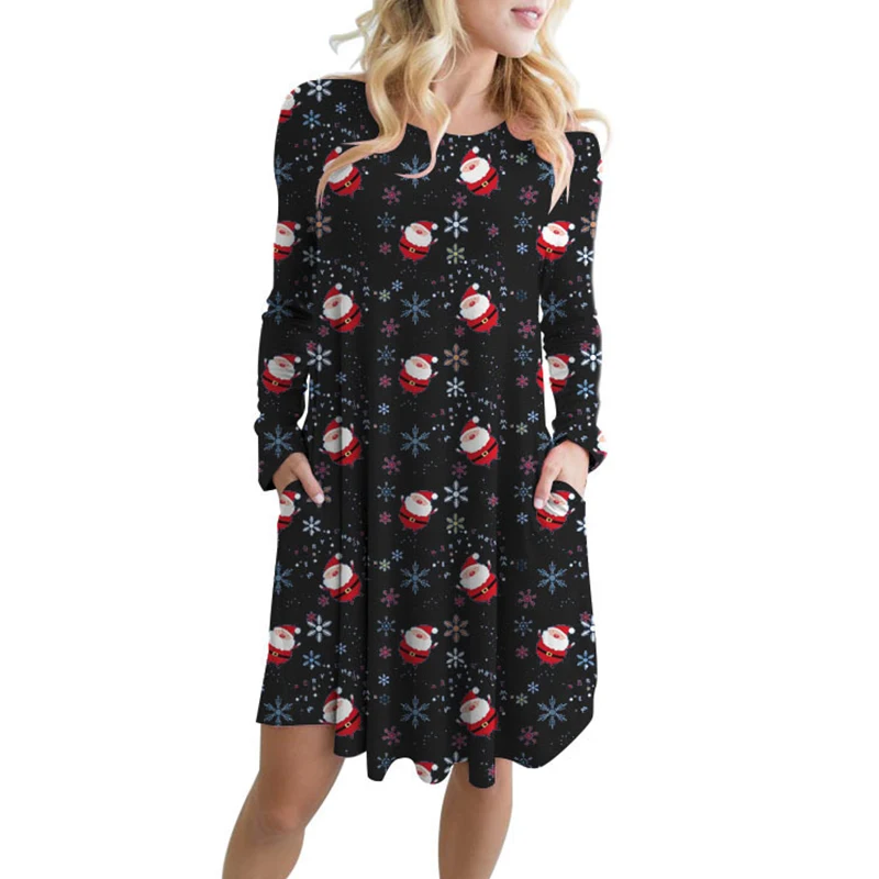 

Женское платье с круглым вырезом, длинным рукавом и принтом