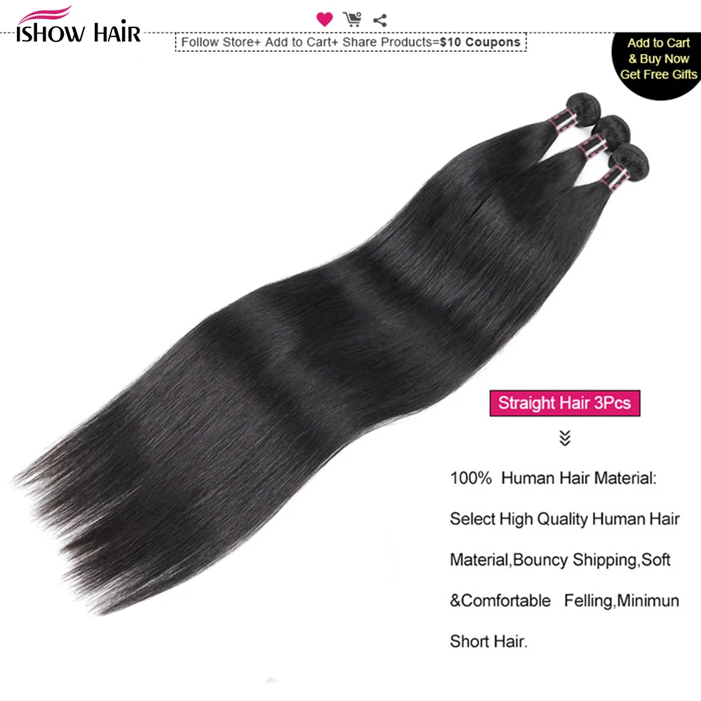 Пряди индийских волос Ishow 30, 32, 34, 36, прямые волосы, 100% натуральные человеческие волосы, 1, 3, 4 пучка, двойные пучки, густые, не реми волосы от AliExpress WW