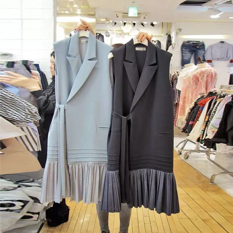 

2020 Spring Autumn Women's V-Neck Lace-up Pleated Vest Ruffles Stitching Sleeveless Blazer Jacket Pleated OL Woman Suits Jacket