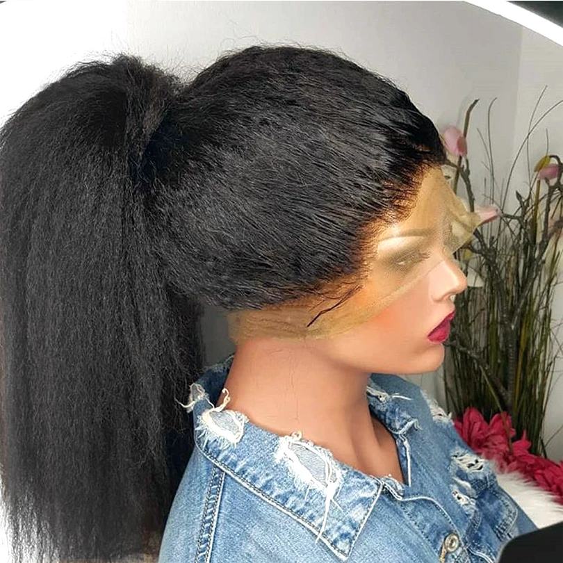 Длинный синтетический женский парик Yaki на сетке спереди плотность 180 черный