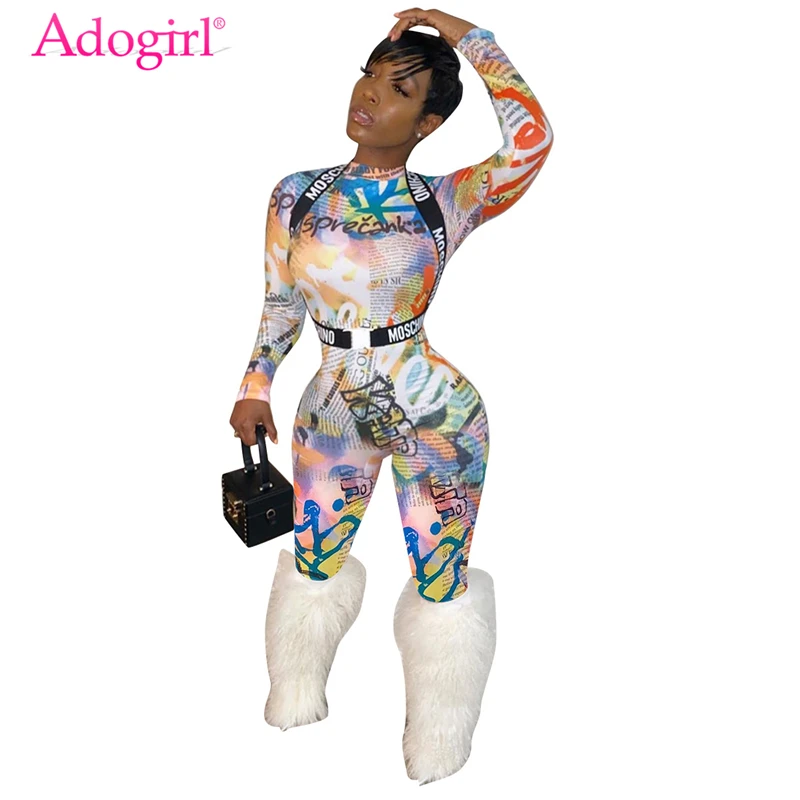 

Adogirl Newspaper Letters Print Women Fashion Jumpsuit Mock Neck Long Sleeve Casual Skinny Romper Night Club Overalls Outfits