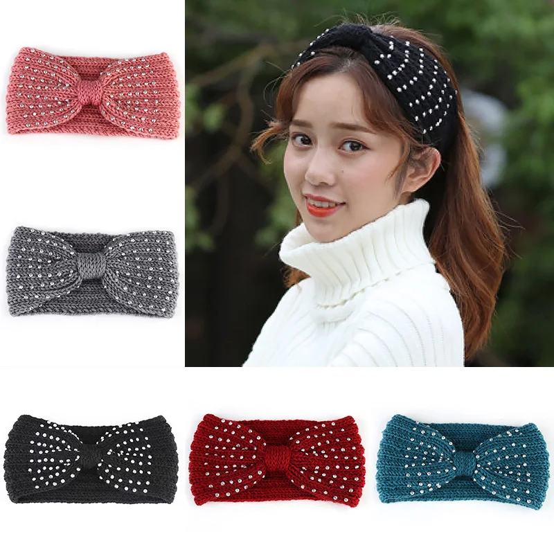 Зимняя женская вязаная повязка на голову с бантом для девочек Широкая Модная