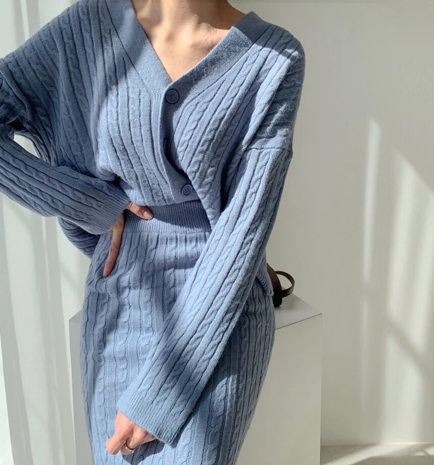 

Stylish Chic Office Lady V-neck Single-breasted Sweater Pullover+Slim Elastic Waist Mid-Calf Skirt Casual Solid Two Pieces Set