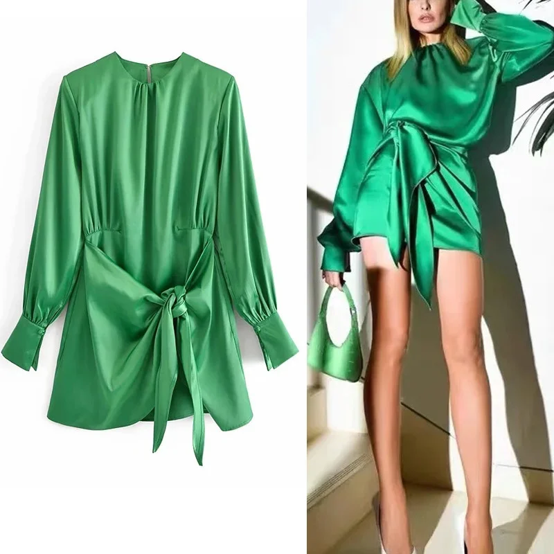 

2021 Green Dress Women Satin Dress Woman Elegant Long Sleeve Mini Summer Dress Lady Knot Wrap Evening Short Dresses
