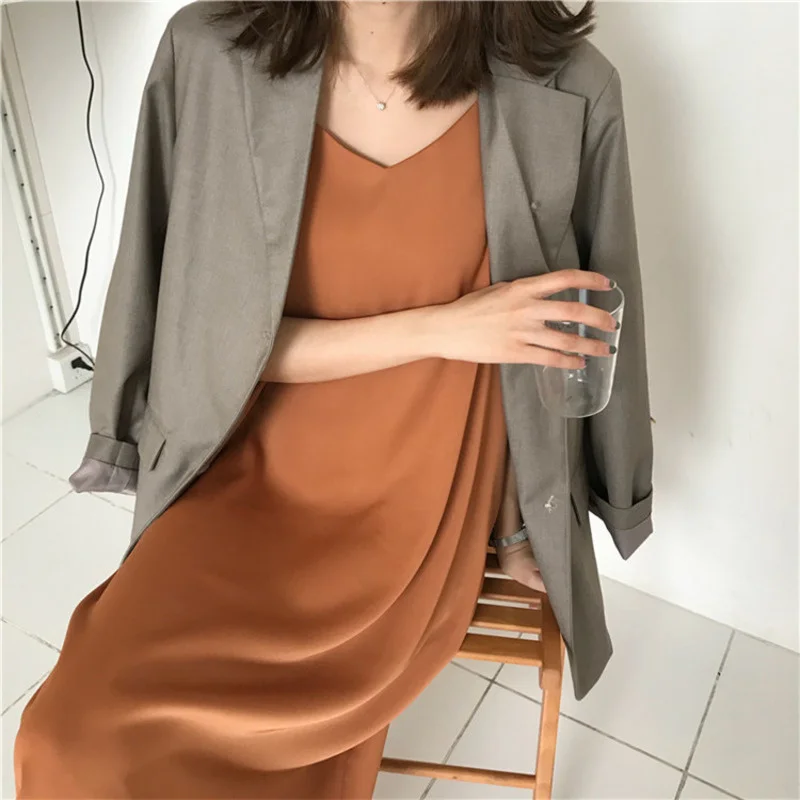 

Женское длинное платье-макси на бретельках, однотонное свободное повседневное Элегантное платье без рукавов с V-образным вырезом и открыто...