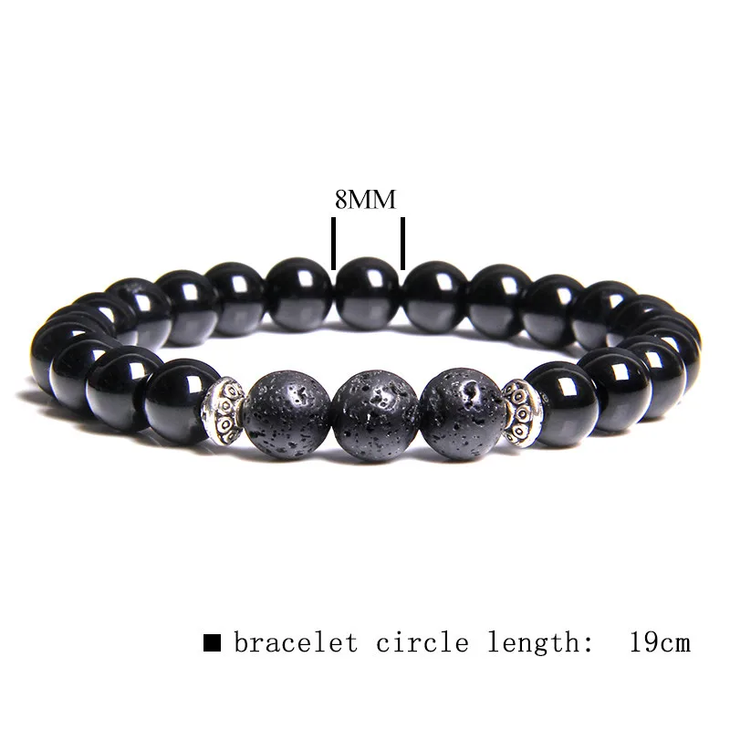 Мужской браслет натуральный черный камень лавы круглый 8 мм розовый кристалл