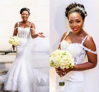 bridal gowns spaghetti lace appliqued mermaid wedding dresses sweep train vintage beaded black girl plus size 2022