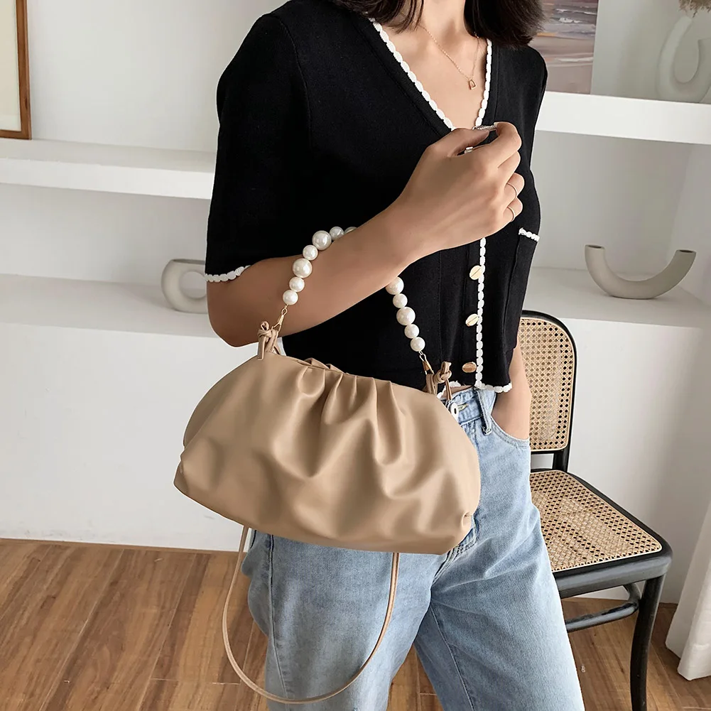 Portable Women Pearl Handbag Tote PU Leather Lady Solid Color Cloud Shoulder Bag Youth Ladies Simple Versatile | Багаж и сумки