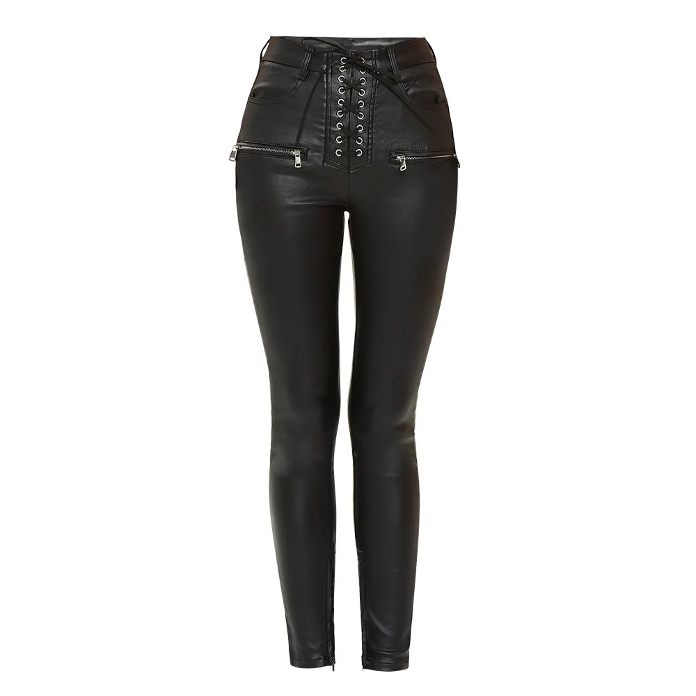 

European American Style Women Sexy Pu Leather Pants Winter Fall Tied Empire Waist Black Fleece Skinny Pencil Trousers Streetwear