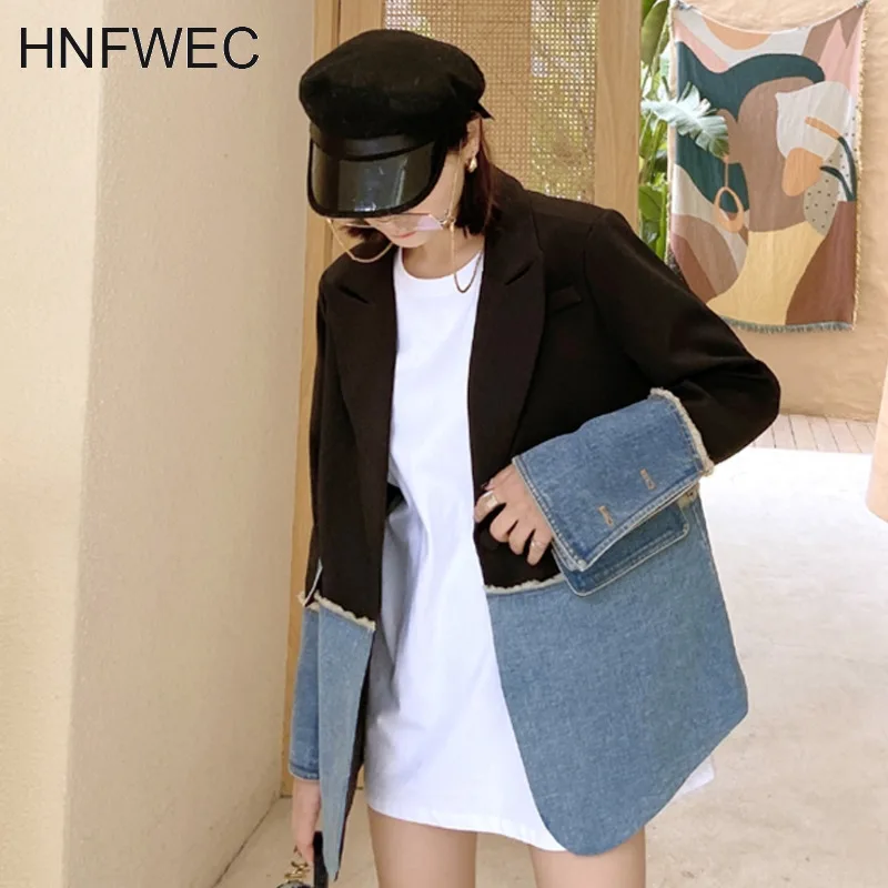 2020 New Spring Suit Collar Hit Collar Blazer Women Vintage Loose Denim Irregular Splice Korea Slim Casual Coat V107