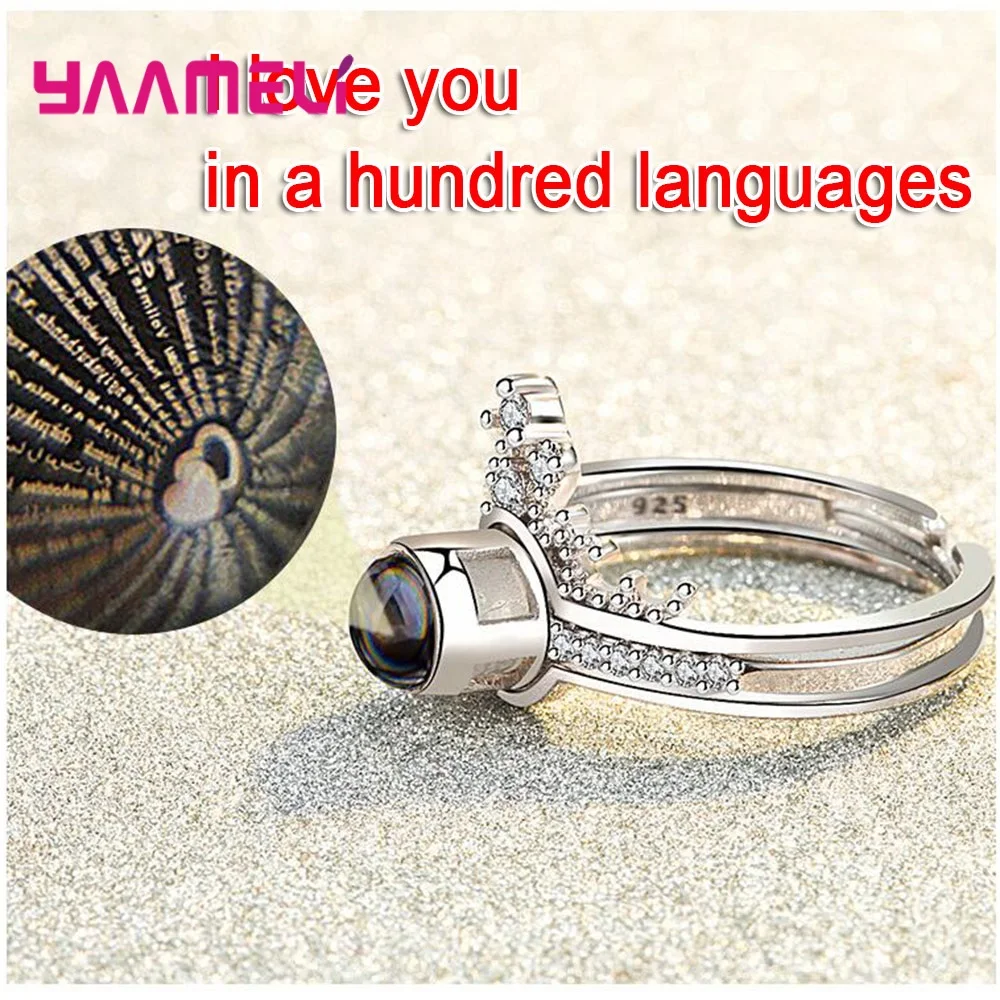 

925 Sterling Silver 100 Languages I Love You Projection Bridal Couple Ring Set Lover Memory Wedding Jewelry Valentine's Day Gift