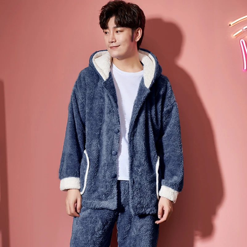 Flanner Men Pajama Winter Pajamas Loose Version Lady Sleepwear Hooded Lovers Pajamas Packed Medium Style Thicken Nightdress