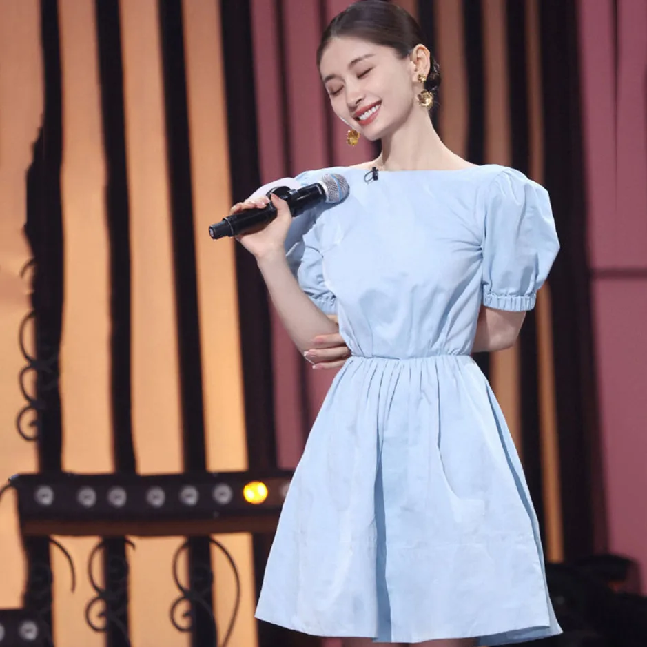 

Sky Blue Cotton Dress Women Slash Neck Puff Sleeve Summer Dress 2021 Korean Fashion A Line Mini Dress Vestidos