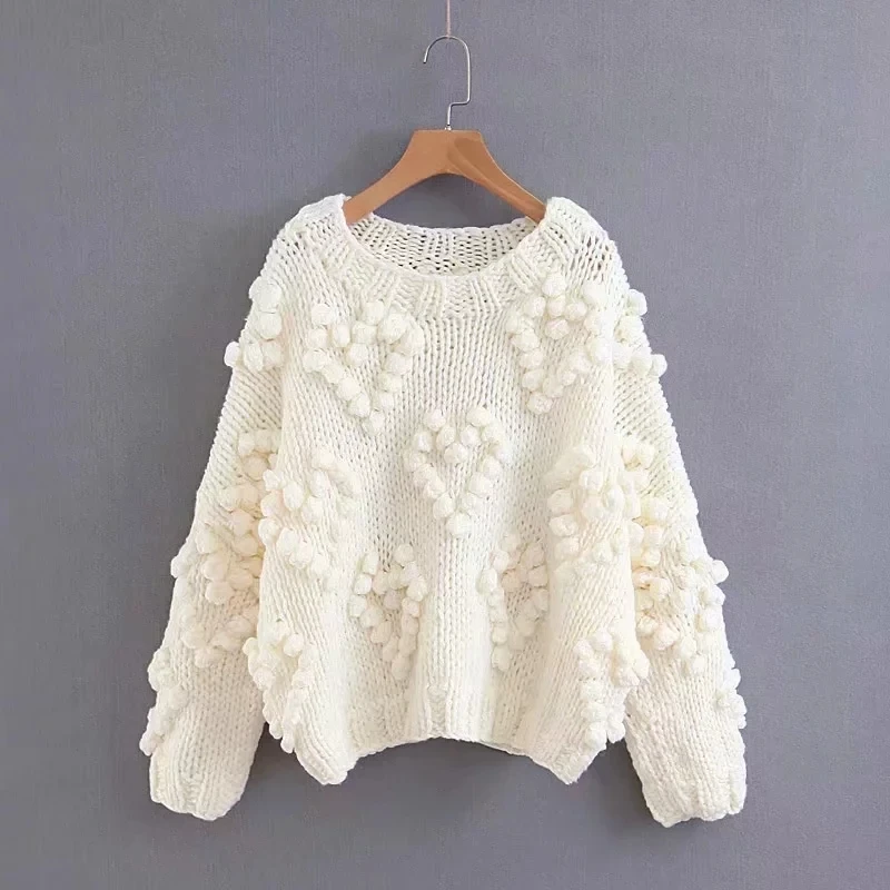 Withered sweaters women fashion blogger vintage hand knitted o-neck oversize love Jacquard weave thick pullovers sweaters women
