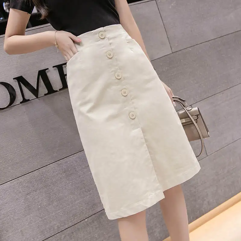 

Mid Length High Waist Denim Skirt Women Single Breasted Elegant Bodycon Pencil Skirt Jupe Femme Casual Black White Skirt C7489