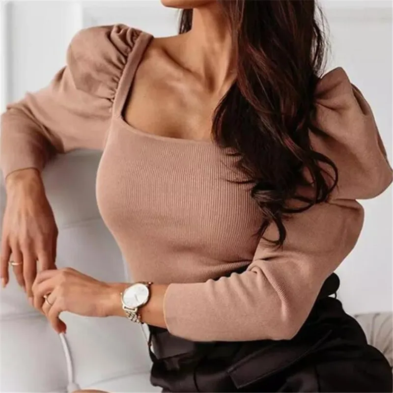 Весенние однотонные сексуальные трикотажные боди женский с пышными рукавами и