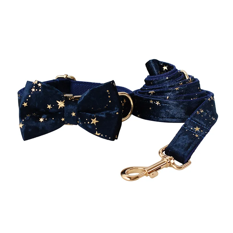 

Velvet Dog Collar Leash With Bow Tie Gold Metal Bbuckles Stout Durable Soft Dog Collars Handmade Pet Supplies Accessories