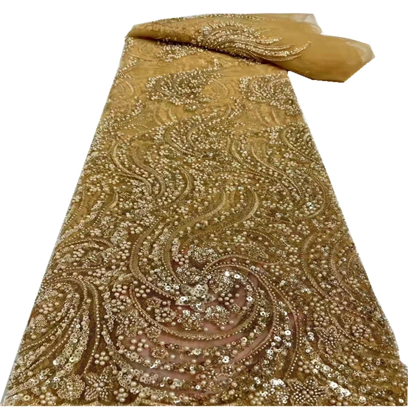 

New Design Beaded African French Lace Fabric 2021 High Quality Mesh Nigeria Sequin Net Lace 5 Yards For Wedding Dress f72-92