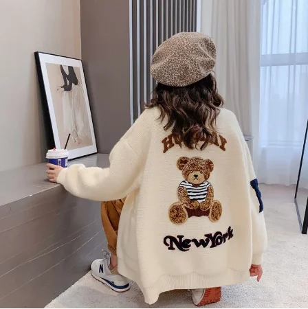 

Back Bear Jacquard Sweet Zipper Personality Casual Loose All-match Cardigan Sweater Women Thick 2021 Autumn Winter New Jacket