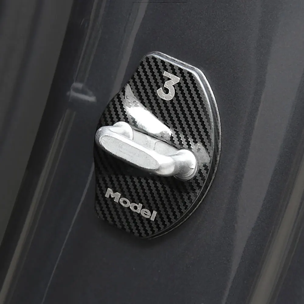 

4X Car Door Lock Protection Cover Trim For Tesla Model 3 2017-2019 Carbon Fiber Look Black Sliver Color