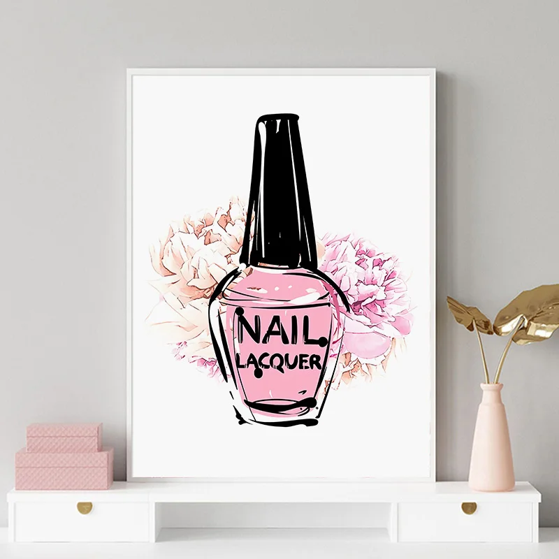 Современный модный постер розовый лак для ногтей Картина на холсте с цветами