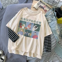 fake two pieces t shirt streetwear woman cute japan long sleeve o neck women tops tees casual loose kawaii high street t shirt