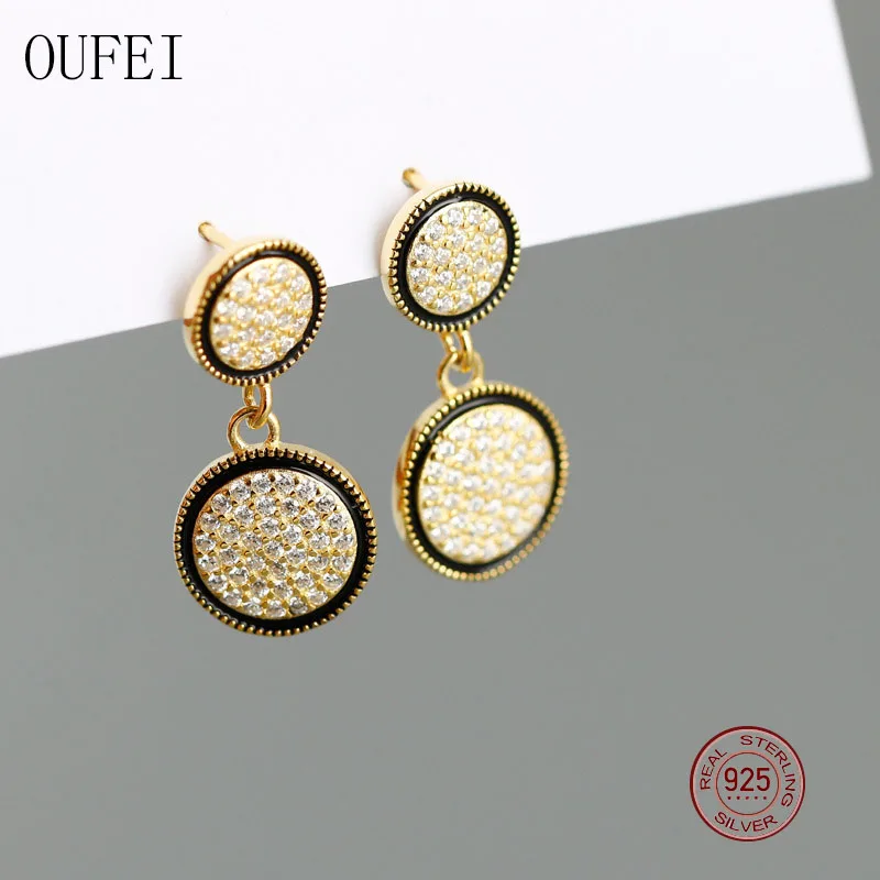 

OUFEI925 Sterling Silver Drop Earings Fashion Charm Round Earring For Women Sparkling Rhinestones Classical Earrings