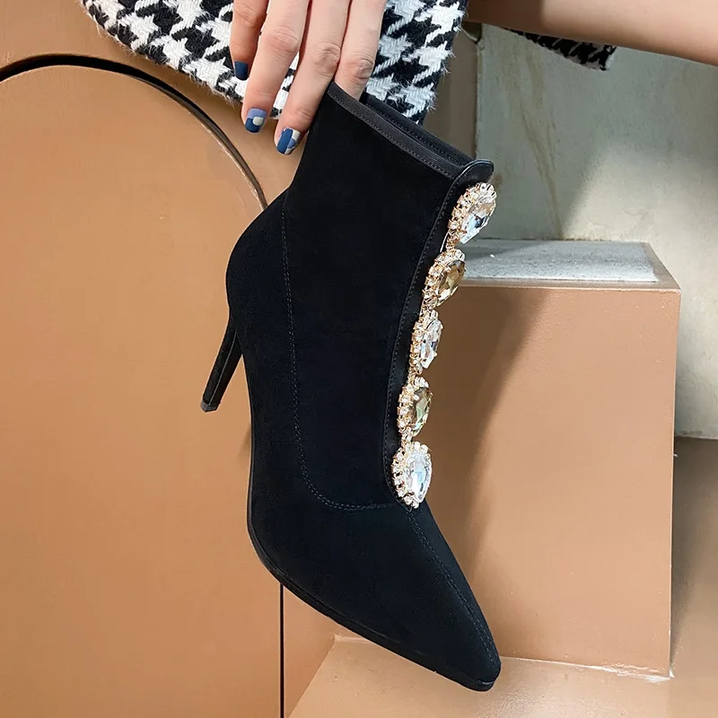 

black stretch fabric ankle boots for women crystal pointed toe high heels shoes woman spike high heels sock boots ladies pumps