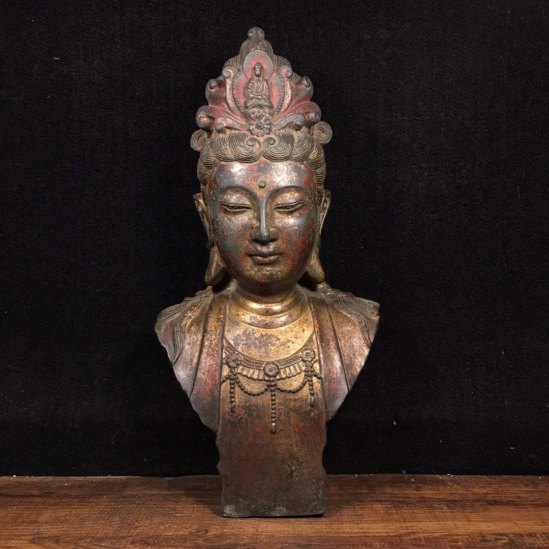 

11"Tibetan Temple Collection Old Bronze Cinnabar Lacquer Guanyin Bodhisattva Buddha Head Worship Hall Town house Exorcism