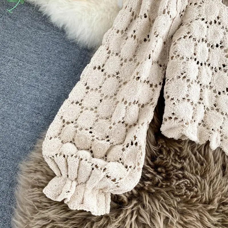 Женский укороченный топ с рукавами-фонариками вязаный крючком Топ в стиле ретро