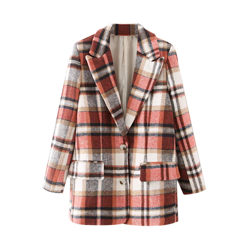 

Элегантные женские оранжевые клетчатые блейзеры 2021, модные женские жакеты с английским воротником, уличная одежда, женские шикарные пальто...