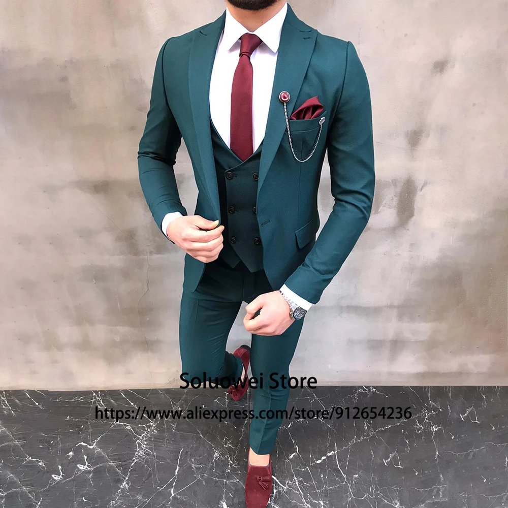 Traje de negocios Formal para hombre, conjunto de 3 piezas de chaqueta, chaleco, pantalones y esmoquin con solapa de pico para novio y boda, moda verde azulado