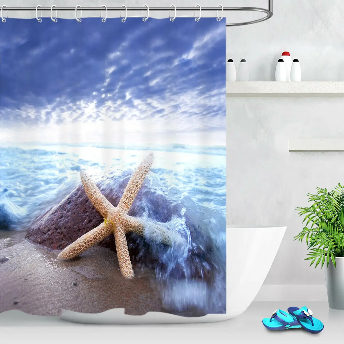 

Polyester Waterproof Fabric Starfish Wave Shower Curtain Set Bathroom Accessory