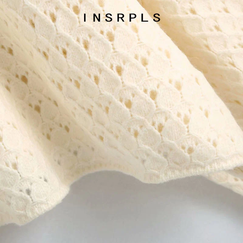 

INSRPLS Women Fashion Hollow Out Ruffled Cropped Knitted Sweater Vintage High Neck Long Sleeve Female Pullovers Chic Tops