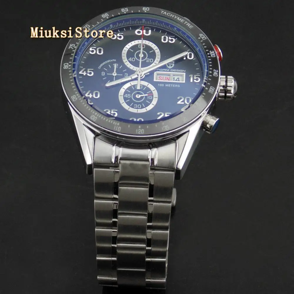 Pagani design 42mm mens top watch silver case black dial multifunction quartz chronograph tachymeter |