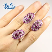 bolaijewelry925 sterling silver fashion natural rhodolite ring and earring setfor anniversary party wear fine jewelry