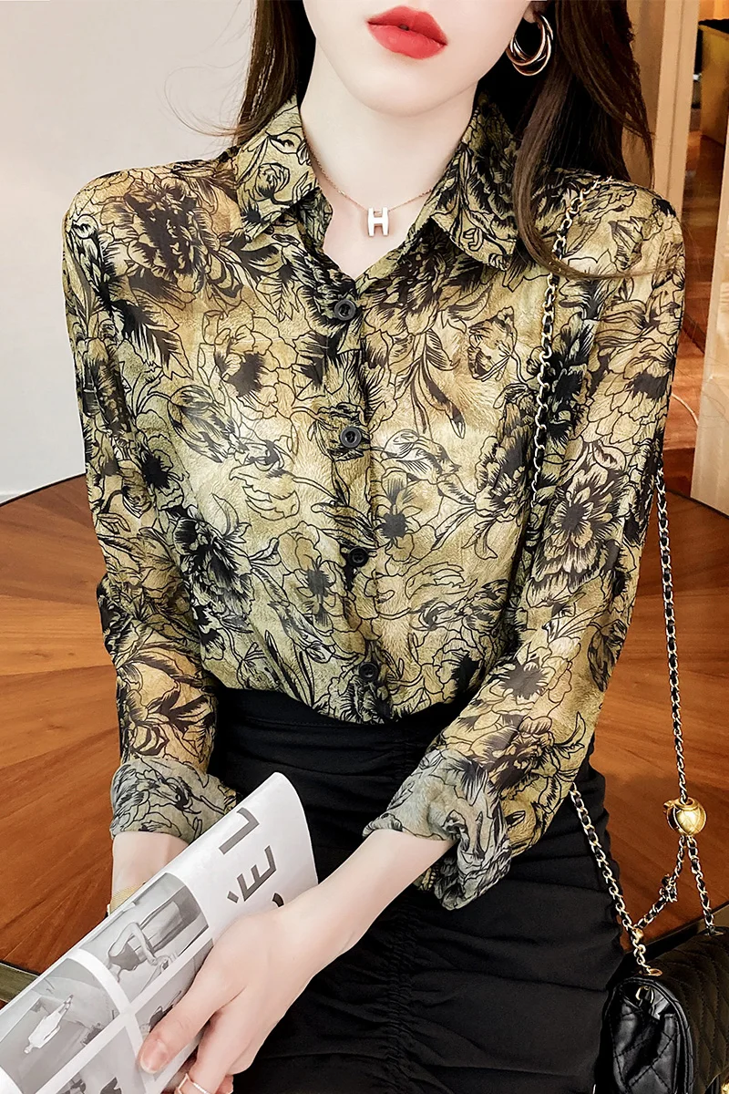 

Houthion Chiffon Slim Women's Blouses New Casual Blouse Fashion Long Sleeve Top Printing Buttons Polo Shirt Spring/autumn