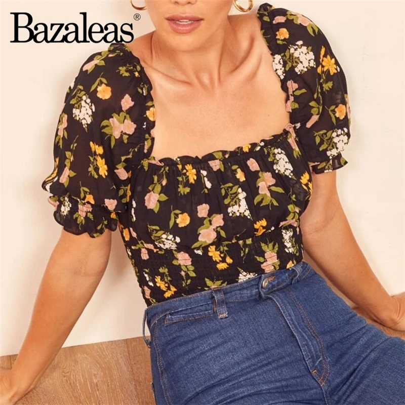 Bazaleas элегантные черные Блузы с цветочным принтом mujer de moda 2019 эластичные блузы