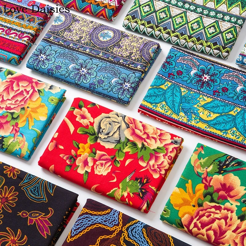 Cotton/Linen Ethnic African style Bohemian RetroTri angle  flower fabrics for DIY APPAREL Dress Cushion sofa Tablecloth Decor